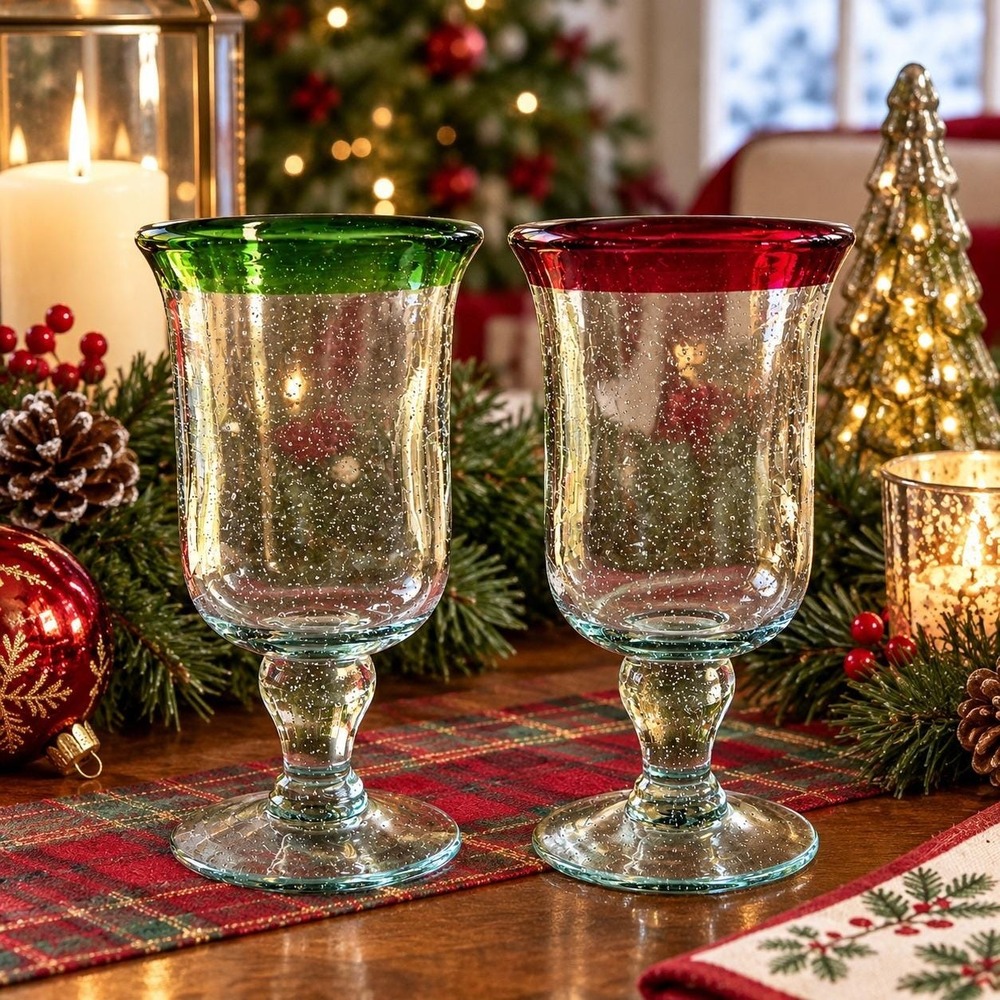 1SourceInc Handblown Seeded Glass Goblets Red Green Rim Christmas Set of 2 - Picture 2 of 7